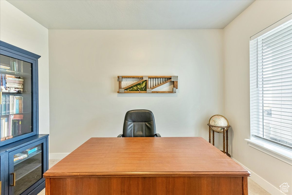Office area featuring plenty of natural light and light colored carpet