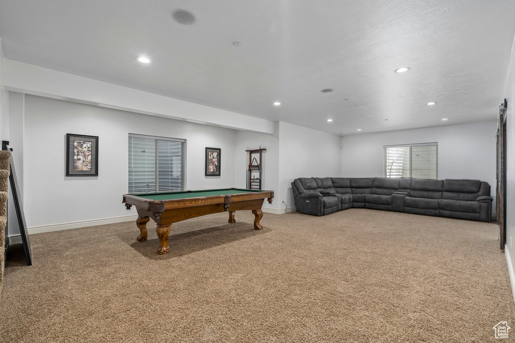 Game room featuring carpet and pool table
