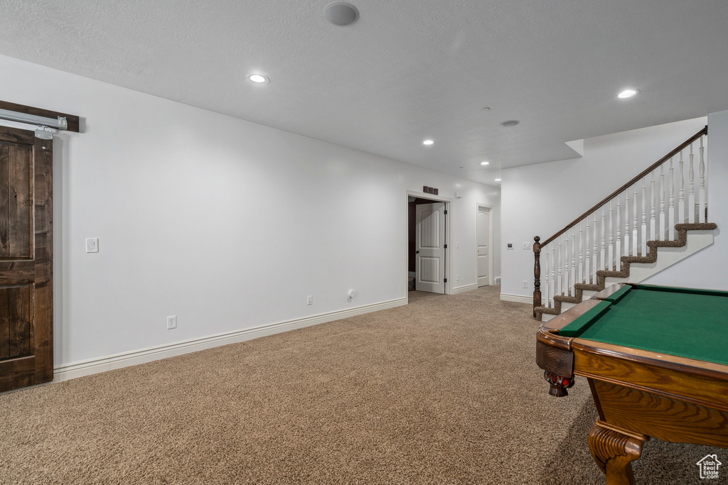 Recreation room featuring light colored carpet, billiards, and a barn door