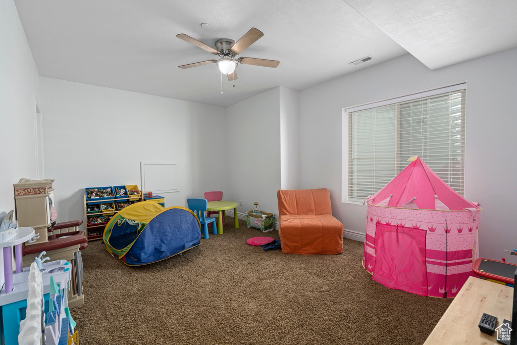 Recreation room with ceiling fan and dark colored carpet