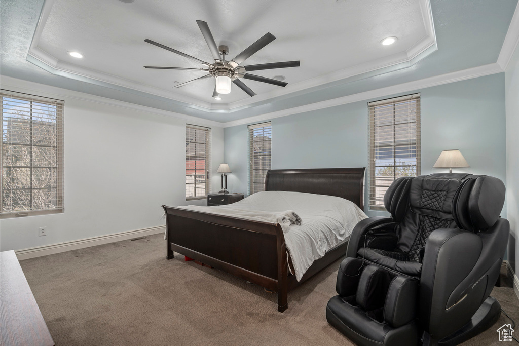 Bedroom with crown molding, carpet flooring, ceiling fan, and a tray ceiling