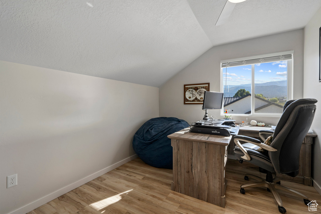Office area featuring vaulted ceiling, light hardwood / wood-style floors, and a textured ceiling