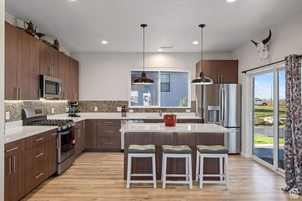 Kitchen featuring light hardwood / wood-style floors, appliances with stainless steel finishes, a center island, and pendant lighting