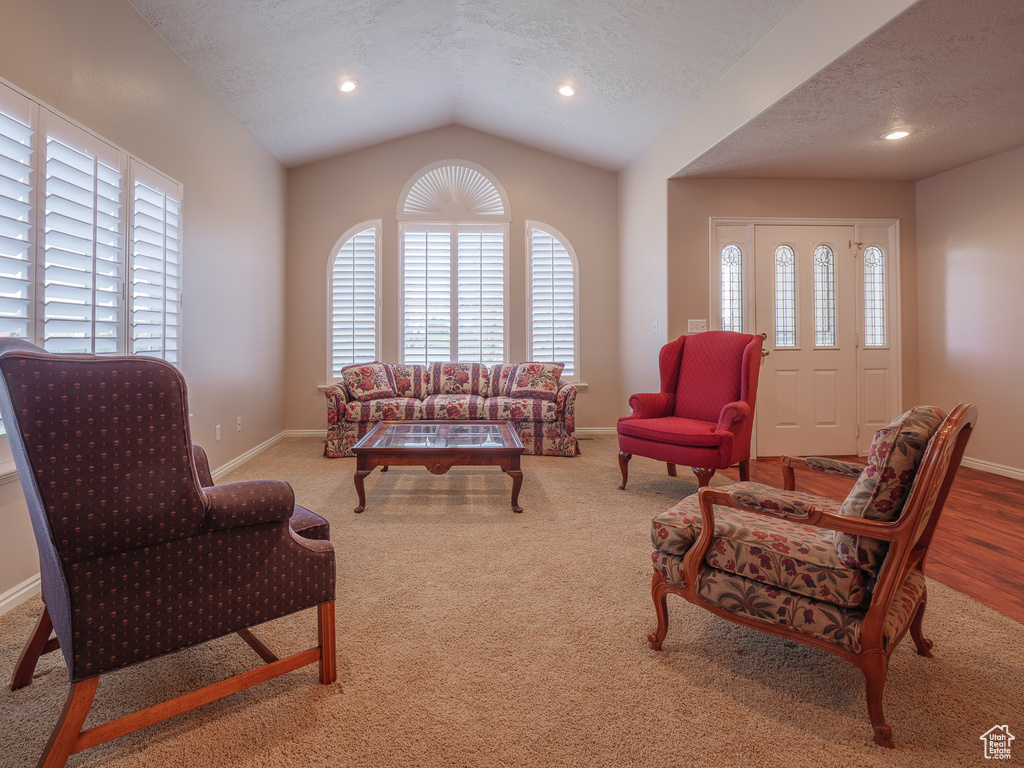 Living room featuring light colored carpet, a textured ceiling, and vaulted ceiling