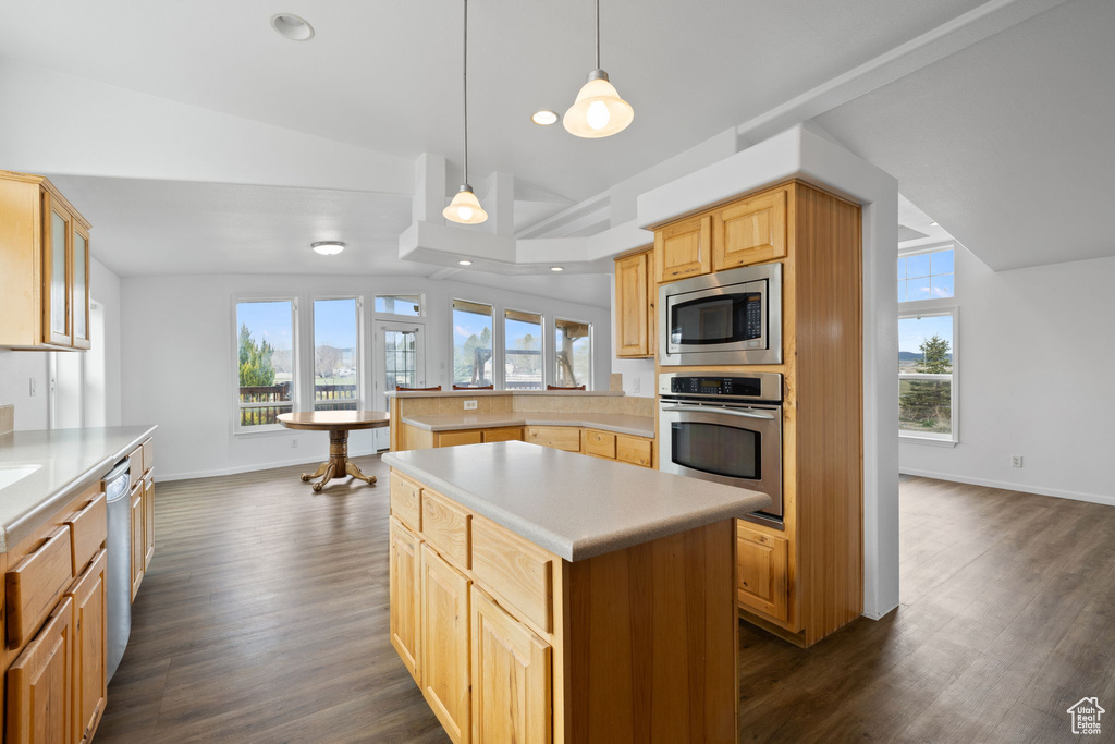 Kitchen featuring a center island, decorative light fixtures, dark wood-type flooring, stainless steel appliances, and vaulted ceiling