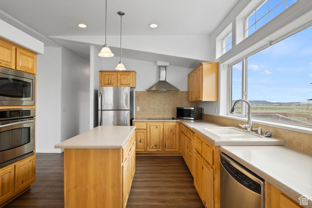 Kitchen featuring a center island, dark hardwood / wood-style flooring, appliances with stainless steel finishes, wall chimney range hood, and tasteful backsplash