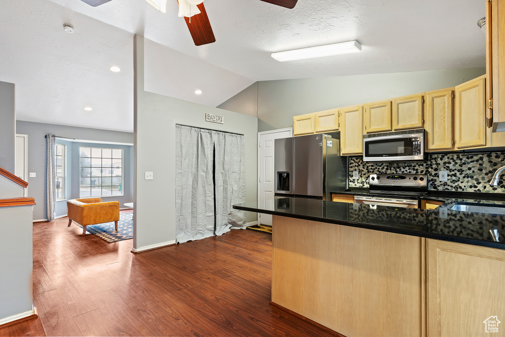 Kitchen featuring appliances with stainless steel finishes, ceiling fan, sink, dark hardwood / wood-style flooring, and lofted ceiling