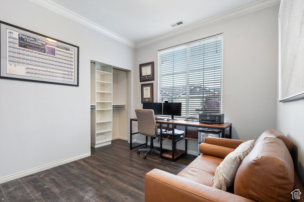 Office space with dark hardwood / wood-style floors and ornamental molding