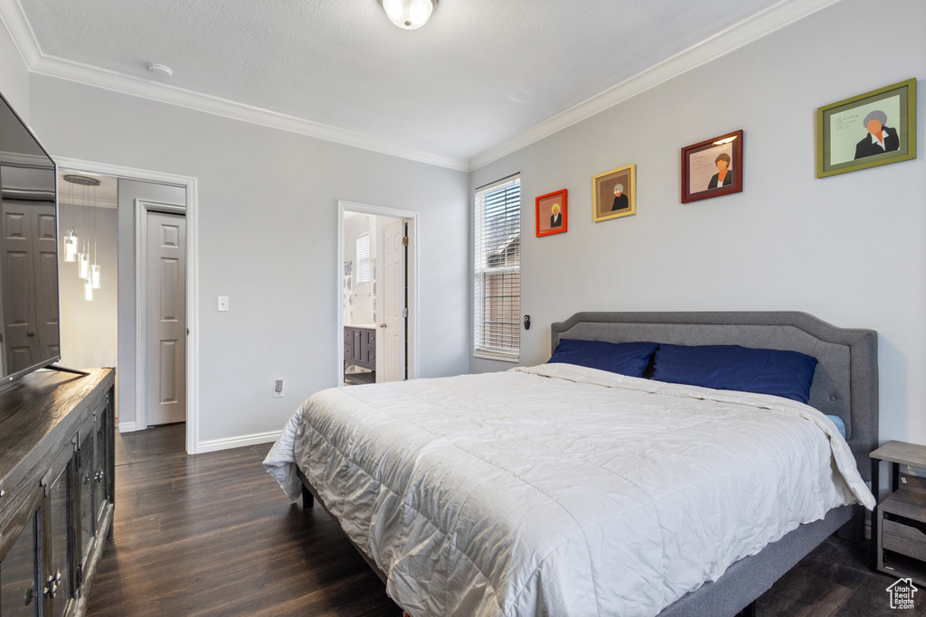 Bedroom featuring ornamental molding, dark hardwood / wood-style flooring, and ensuite bathroom