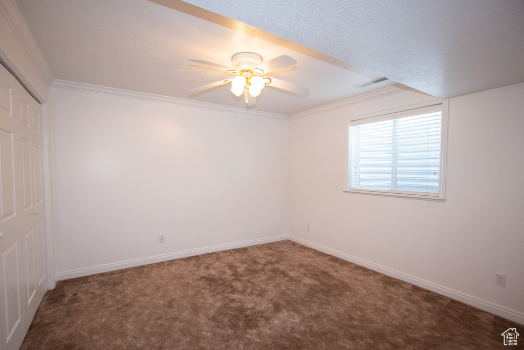 Empty room with dark colored carpet, crown molding, and ceiling fan