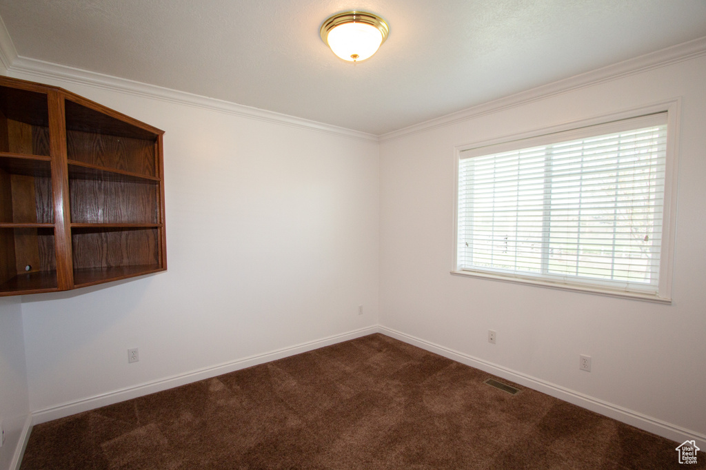Spare room with crown molding and dark colored carpet