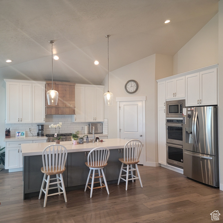 Kitchen featuring dark wood-type flooring, stainless steel appliances, white cabinets, and an island with sink