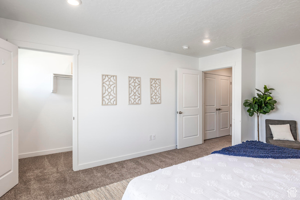 Carpeted bedroom with a closet, a spacious closet, and a textured ceiling