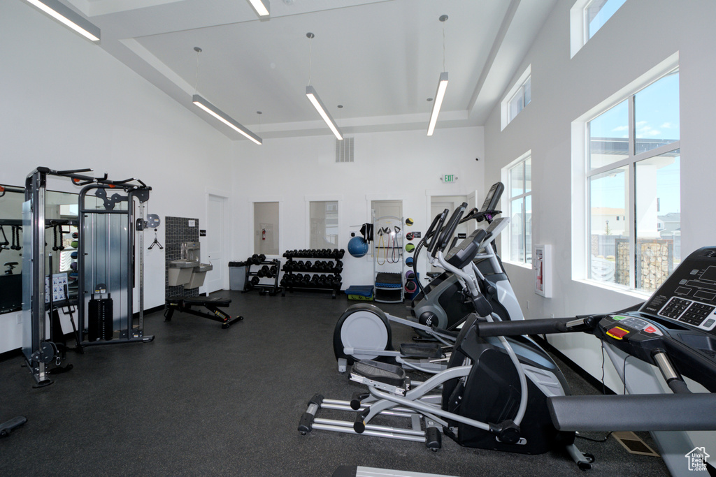 Exercise room with a towering ceiling