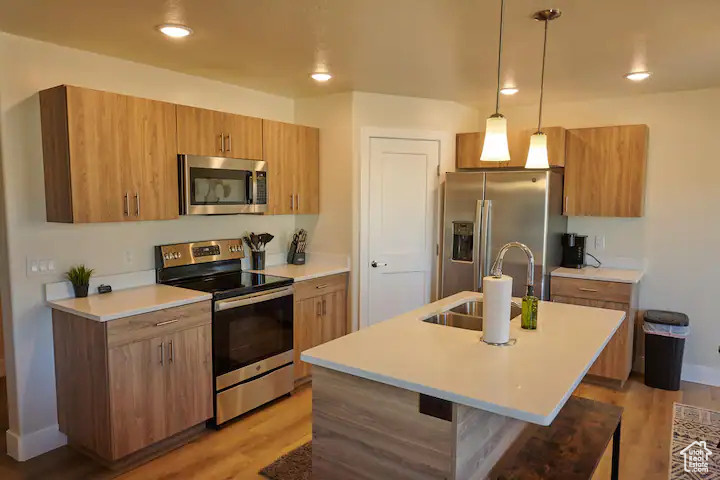 Kitchen featuring sink, light hardwood / wood-style floors, decorative light fixtures, stainless steel appliances, and a center island with sink