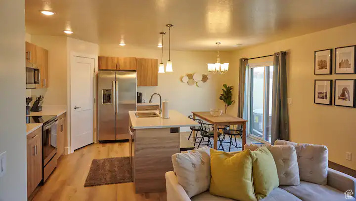 Kitchen featuring decorative light fixtures, light hardwood / wood-style floors, a healthy amount of sunlight, and stainless steel appliances