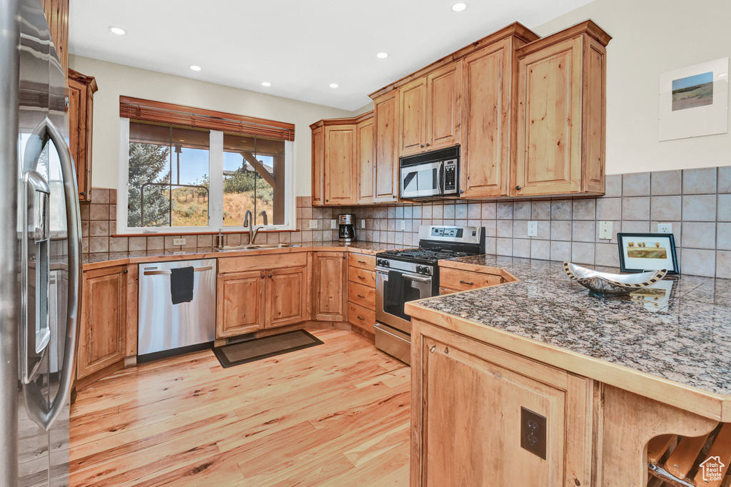 Kitchen with light hardwood / wood-style flooring, stainless steel appliances, tasteful backsplash, dark stone countertops, and sink