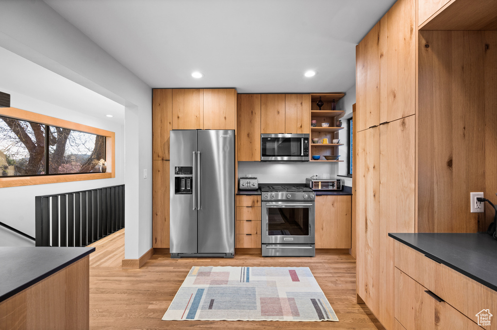 Kitchen featuring high end appliances and light hardwood / wood-style flooring