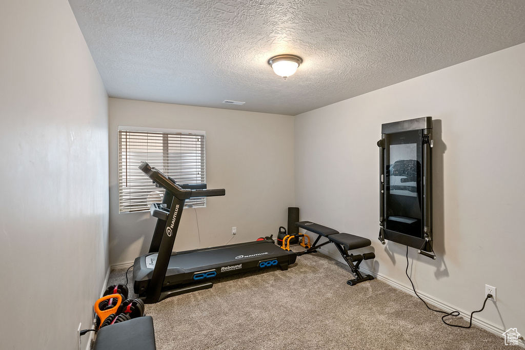 Workout room featuring carpet and a textured ceiling
