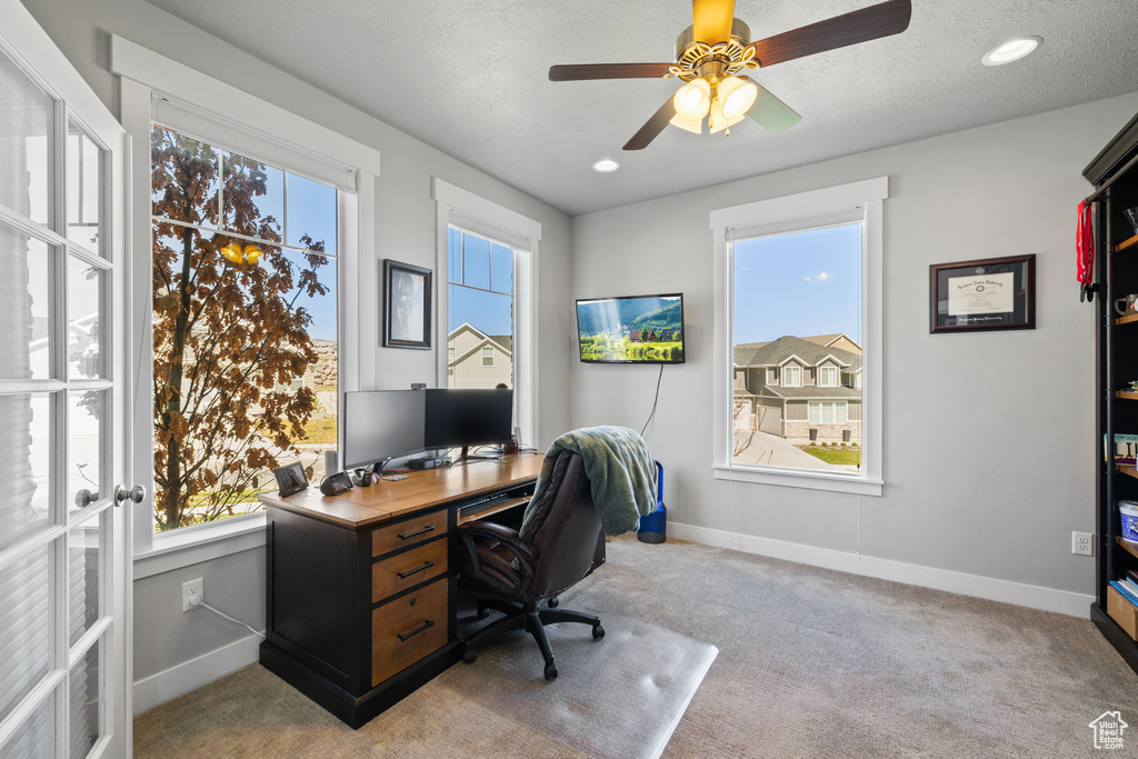Carpeted office space featuring a textured ceiling, ceiling fan, and plenty of natural light