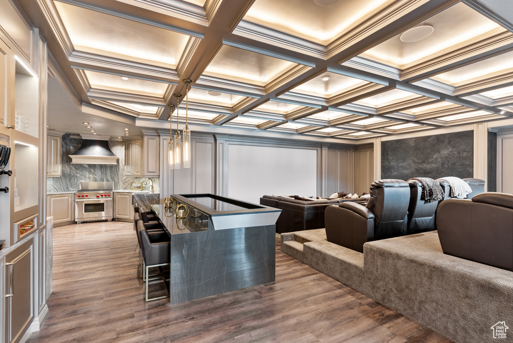 Cinema room featuring coffered ceiling, crown molding, dark hardwood / wood-style floors, and sink