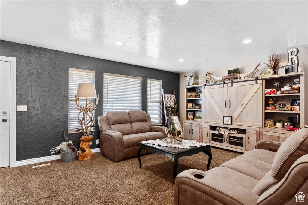 Living room with dark carpet and a textured ceiling