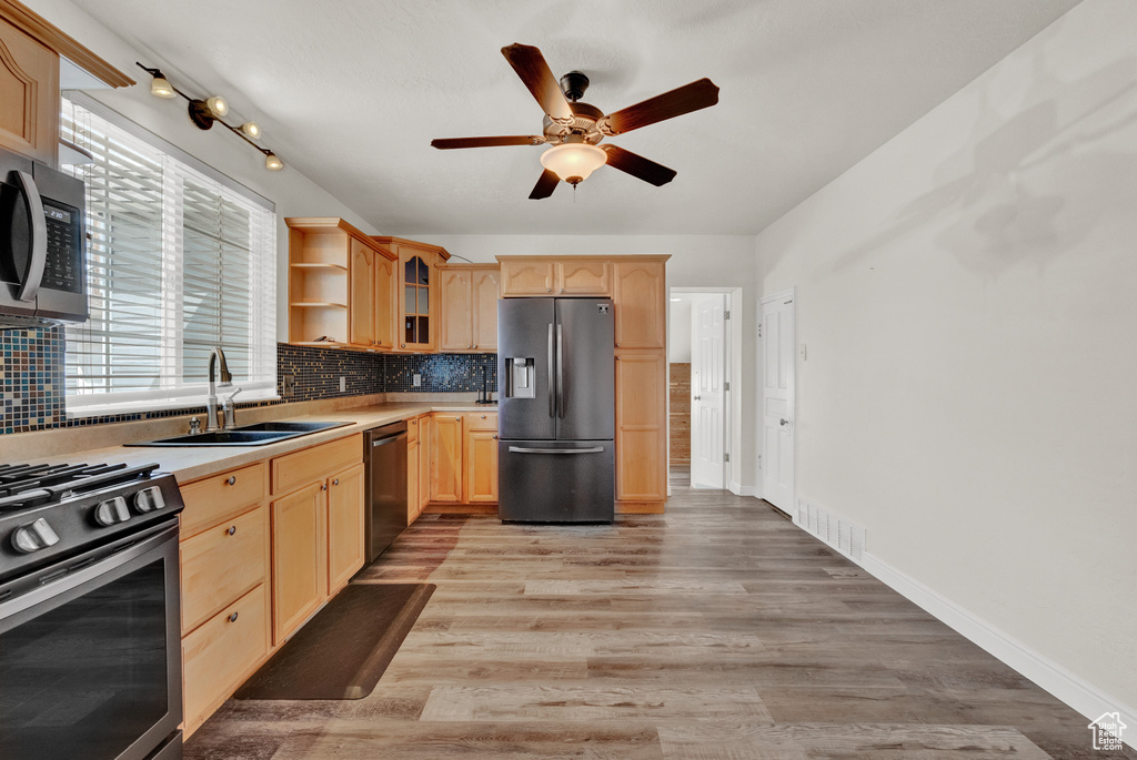 Kitchen featuring backsplash, rail lighting, stainless steel appliances, light hardwood / wood-style floors, and ceiling fan