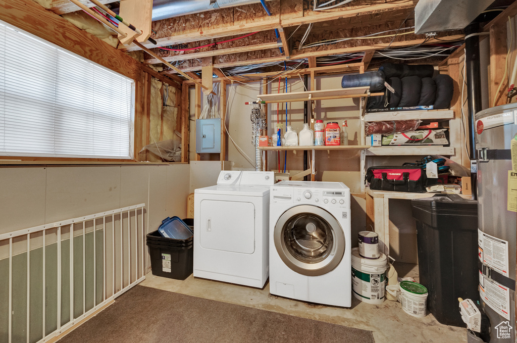 Washroom with washer and clothes dryer and secured water heater