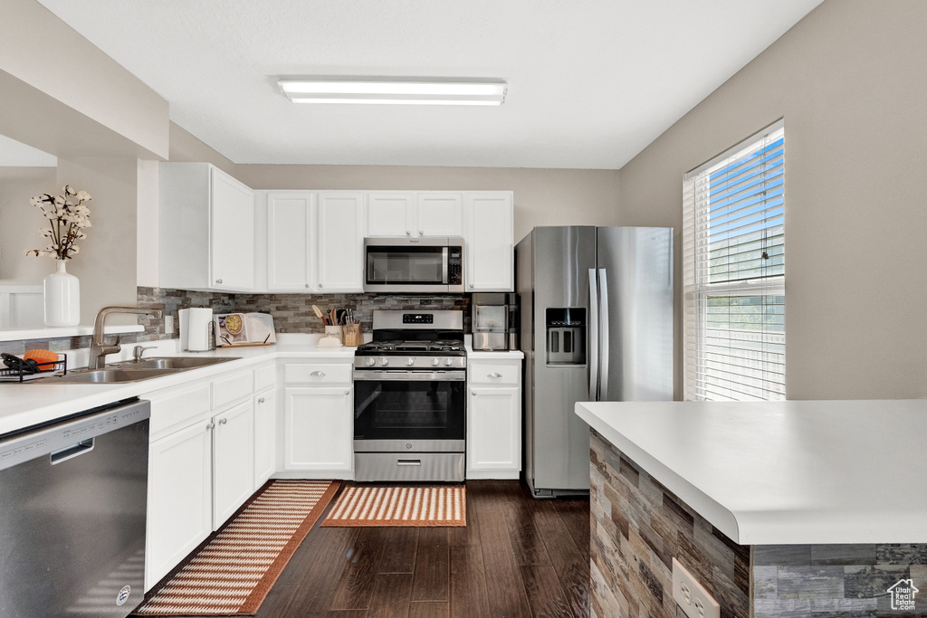 Kitchen featuring appliances with stainless steel finishes, dark hardwood / wood-style floors, tasteful backsplash, and white cabinetry