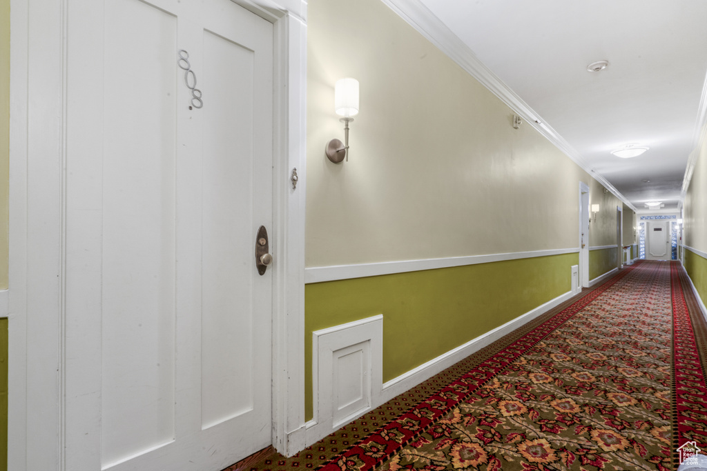 Corridor featuring dark colored carpet and crown molding