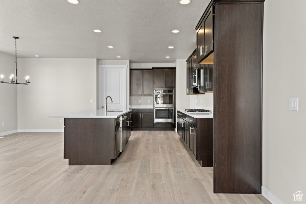 Kitchen with appliances with stainless steel finishes, a kitchen island with sink, sink, light hardwood / wood-style floors, and pendant lighting
