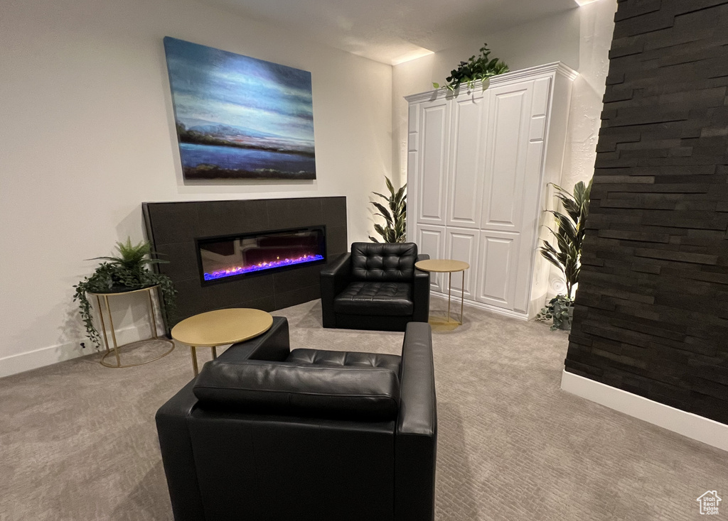 Living room featuring light carpet