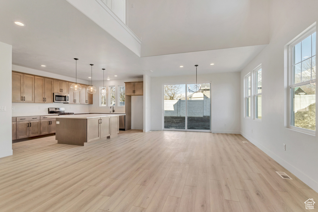 Kitchen featuring a center island, a healthy amount of sunlight, light hardwood / wood-style flooring, and decorative light fixtures