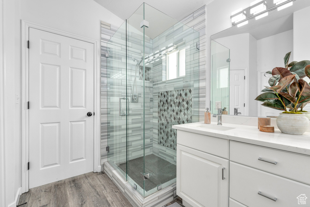 Bathroom featuring a shower with door, wood-type flooring, and large vanity