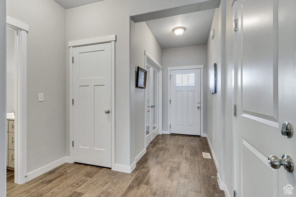 Doorway with light wood-type flooring