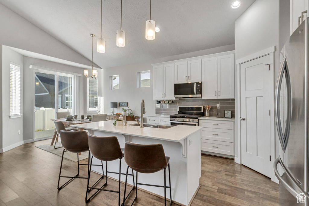 Kitchen featuring white cabinets, hanging light fixtures, stainless steel appliances, a center island with sink, and hardwood / wood-style flooring