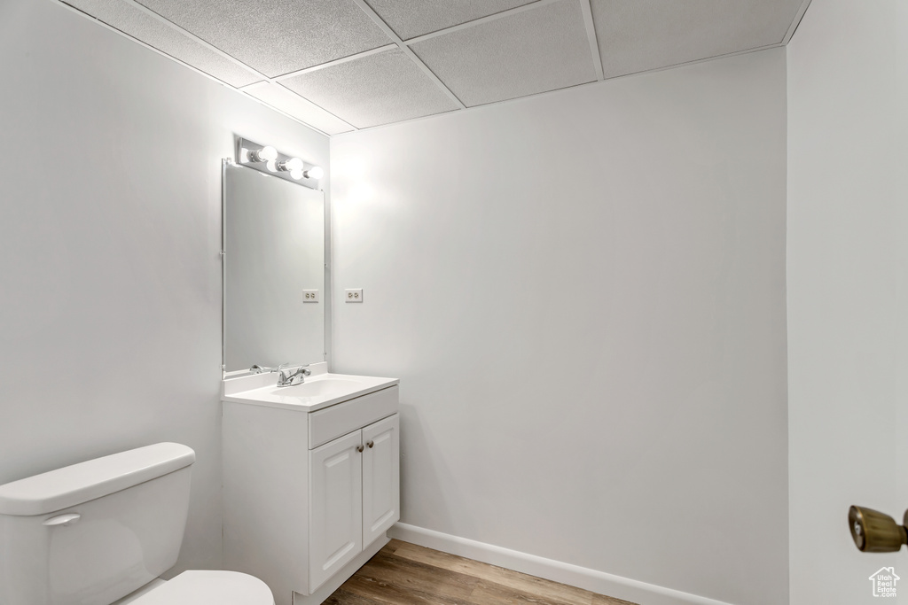 Bathroom featuring a drop ceiling, wood-type flooring, vanity, and toilet