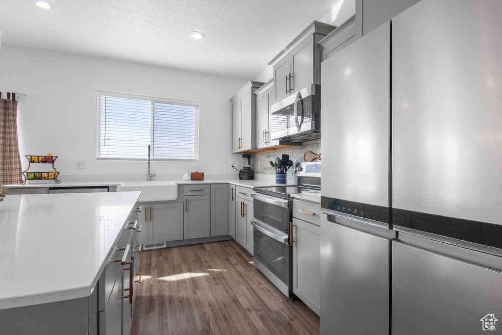 Kitchen featuring appliances with stainless steel finishes, gray cabinets, sink, and dark wood-type flooring