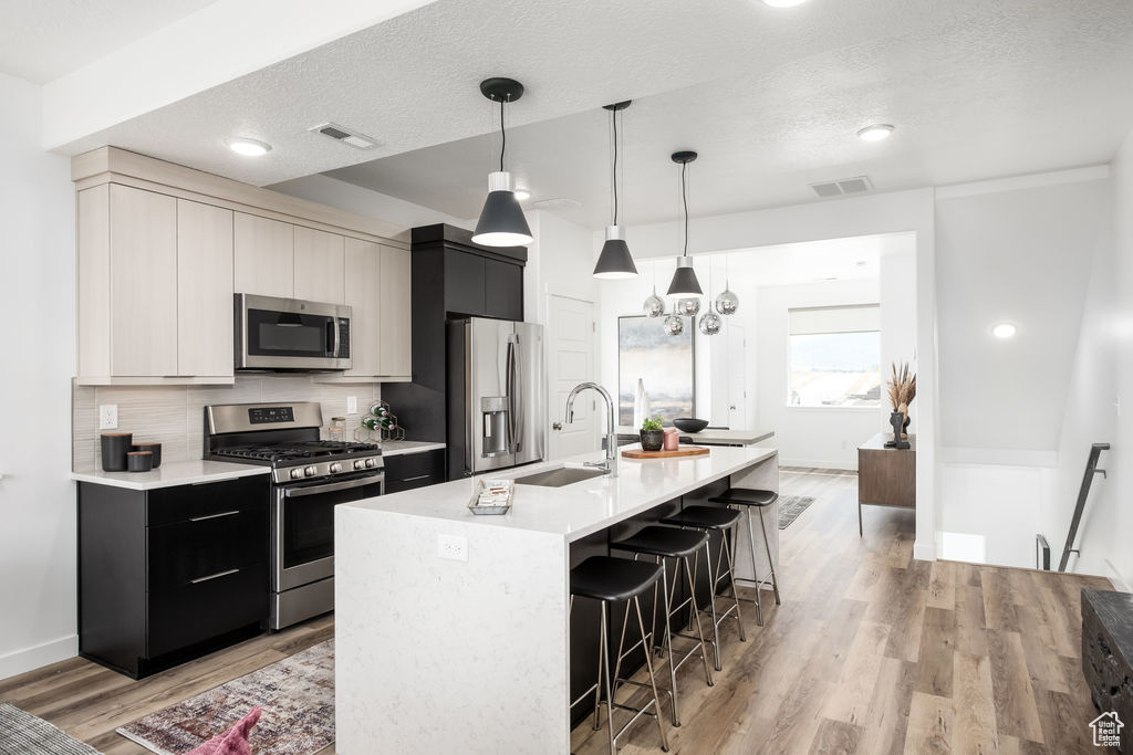 Kitchen featuring hanging light fixtures, appliances with stainless steel finishes, light hardwood / wood-style floors, and an island with sink