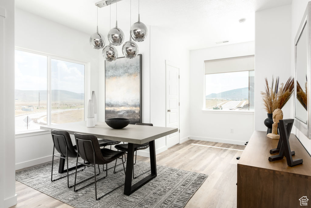Dining area featuring a mountain view and light hardwood / wood-style floors