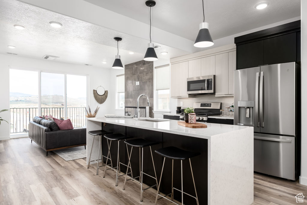 Kitchen with appliances with stainless steel finishes, hanging light fixtures, a kitchen island with sink, a wealth of natural light, and light wood-type flooring