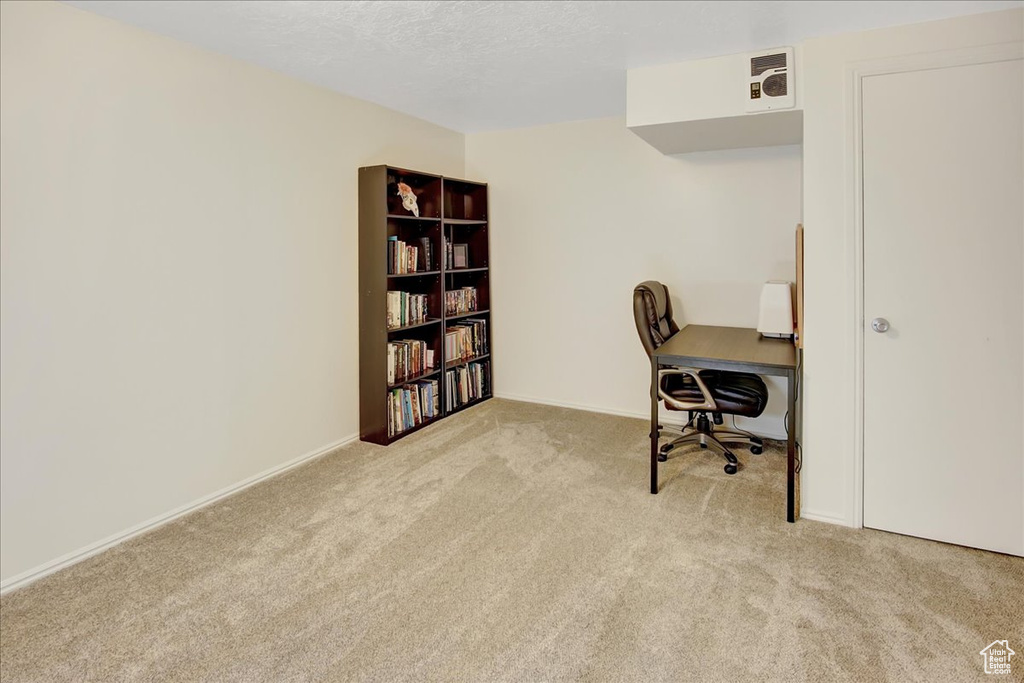 Carpeted office featuring a textured ceiling