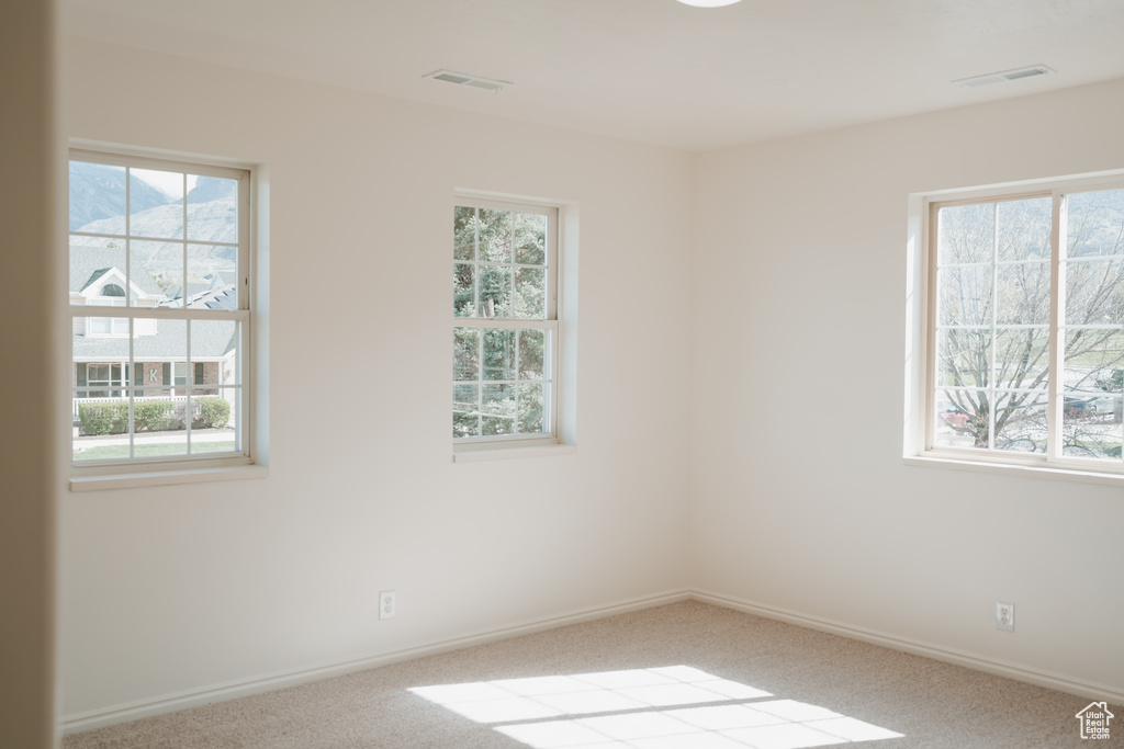 Unfurnished room with light colored carpet and a wealth of natural light
