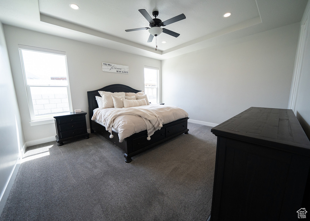 Carpeted bedroom featuring ceiling fan, a raised ceiling, and multiple windows