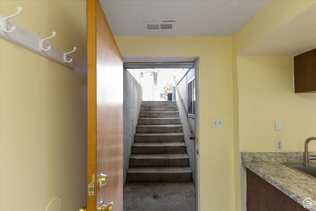 Stairway with sink and carpet floors