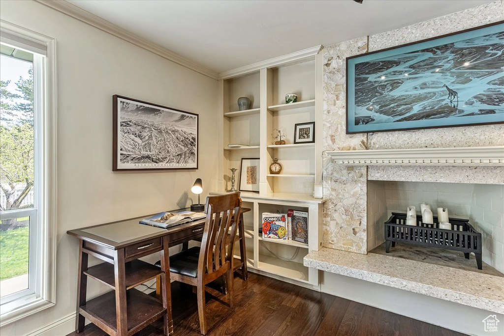 Office featuring a wealth of natural light, ornamental molding, and dark hardwood / wood-style floors