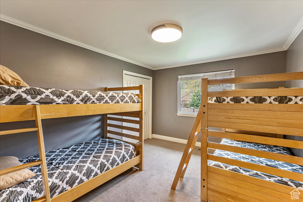 Carpeted bedroom featuring a closet and ornamental molding