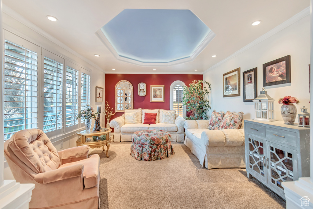 Carpeted living room featuring ornamental molding and a tray ceiling