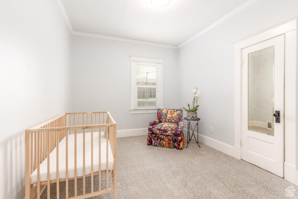 Carpeted bedroom with ornamental molding and a nursery area