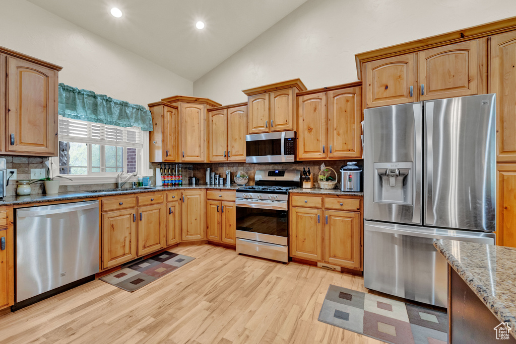 Kitchen with backsplash, appliances with stainless steel finishes, and light hardwood / wood-style floors